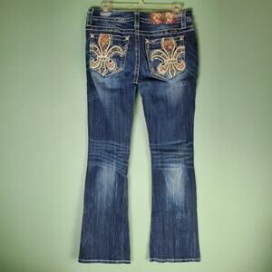 Miss Me Signature Boot Cut Embellished Plaid Fleur De Lis Jeans Size 28